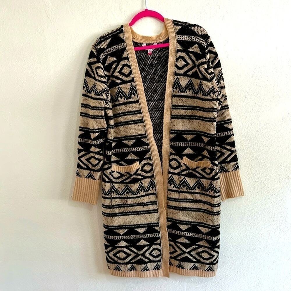 No Boundaries Black and Tan Geometric Y2K Aztec Print Long Open Front Cardigan L